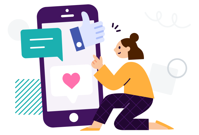 Cartoon woman engaging with her phone, liking and loving posts, which represents the Instagram and Facebook platforms