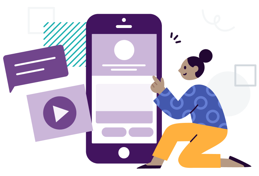 Cartoon woman clicking on buttons in an RCS message