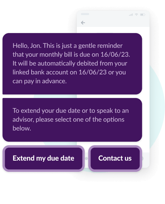 A business messaging service example of a bill reminder that you can send via a mobile messaging channel. This one shows off the rich functionalities you can access, such as buttons, if you use RCS or WhatsApp.