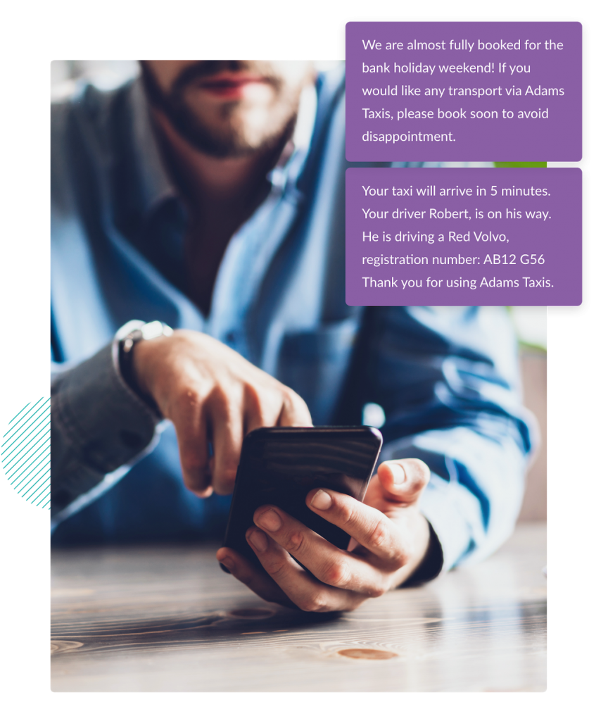 Photo of man sat looking at mobile phone. Overlaid with text message bubbles showing tax reminders.